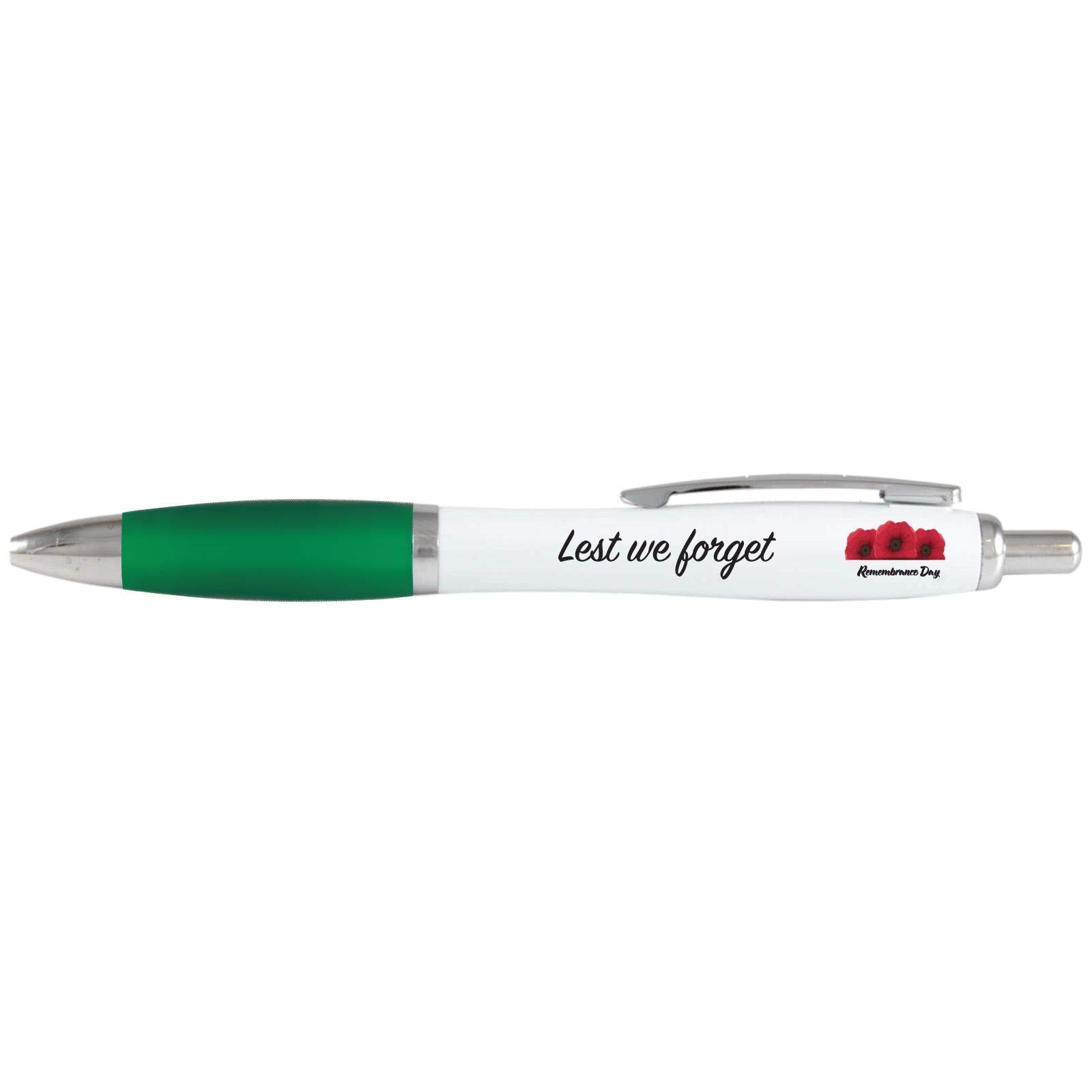 stika.co Pack of 20 Green Lest we forget pens, Remembrance Day Giveaways, Promotional Ballpen, Events School Office Church Army, Navy