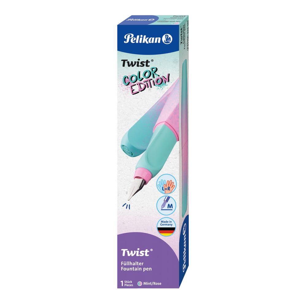 Pelikan Twist Colour Edition Fountain Pen Stainless Steel Nib M Line Width Includes Ink Cartridge Mint/Rose