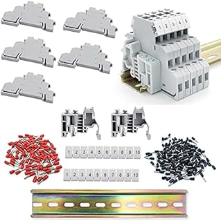 YFaith DIN Rail Terminal Blocks Kit, 5 Pcs Ground Blocks, 2 Pcs End Brackets, 2 Pcs Marker Strip, Universal 200mm Rail, 80 Pcs Black and Red Crimp Connectors, for DIY, Automation Projects