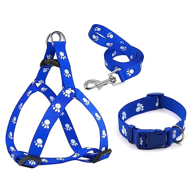 Woofy Pet Paw Print Nylon Puppy Harness + Leash and Collar Set for Small & Medium Dogs (Blue) (B0CB8K8Z62) Amazon Price History, Amazon Price Tracker