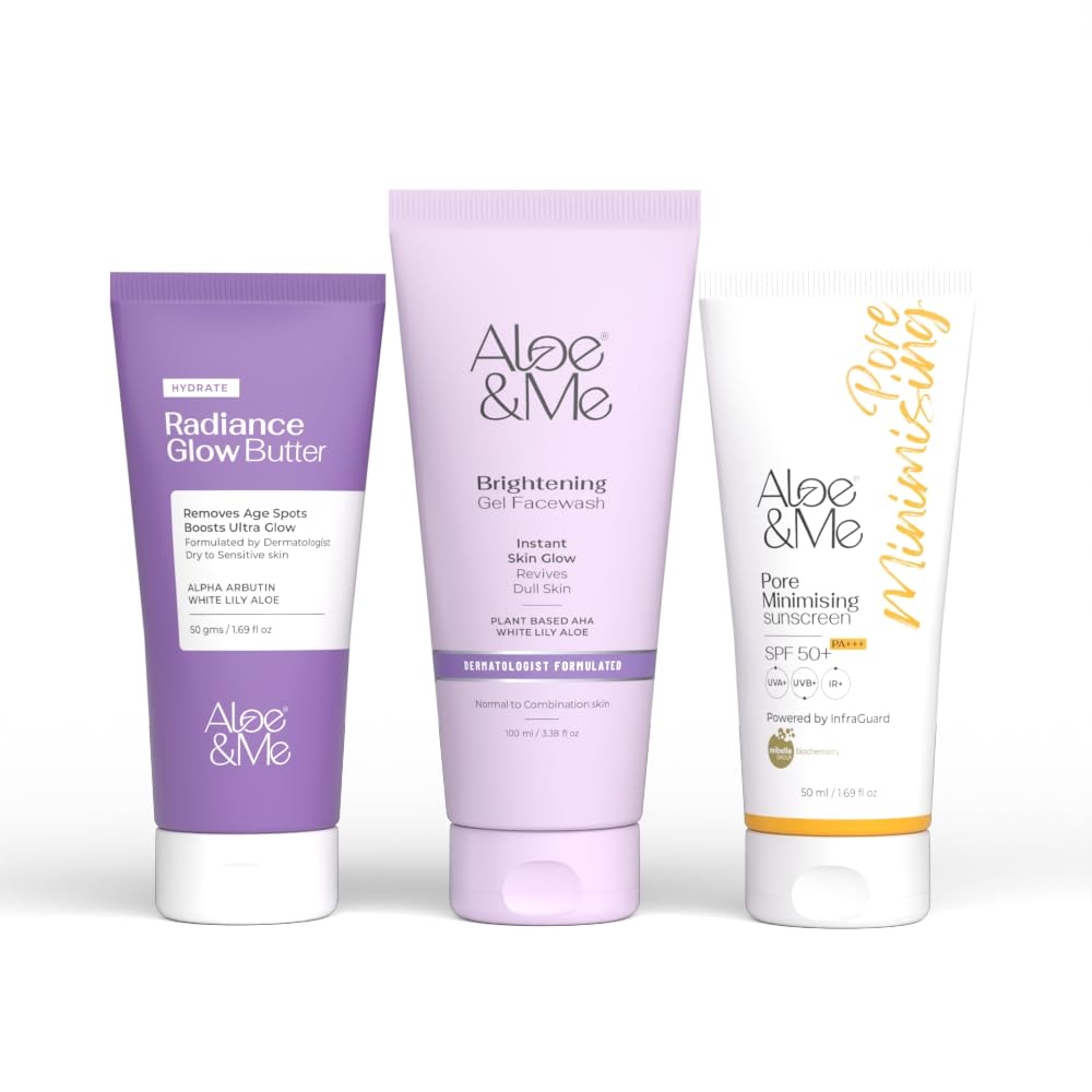 Aloe & Me Glow De-Tan Kit, Brightening Gel Facewash, Radiance Glow Butter, SPF 50+ Sunscreen, Dermatologist Formulated, Phthalates-Free, For Normal to Combination Skin