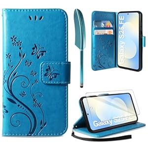 AROYI Lederhülle Kompatibel mit Samsung Galaxy S25 FE 5G Hülle und Schutzfolie, Flip Wallet Handyhülle PU Leder Case Kartensteckplätzen Schutzhülle Kompatibel mit Samsung Galaxy S25 FE 5G Blau