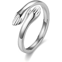 Aesnefe Silver Hug Rings for Women, Adjustable Solid Vintage Silver Thumb Ring, Unisex Resizable Silver Hugging Hands Open Promise Ring Jewelry Hug Hands Mens Rings Couples Wedding Bands