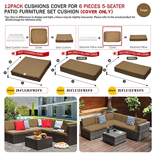 12 Pack Outdoor Patio Cushions Replacement Covers Fit For 6 Pieces 5-Seater Wicker Rattan Furniture Conversation Set Sectional Sofa Seat Cushion Pillow,Water-Resistant Fadeless,Taupe-Covers Only #TOP1