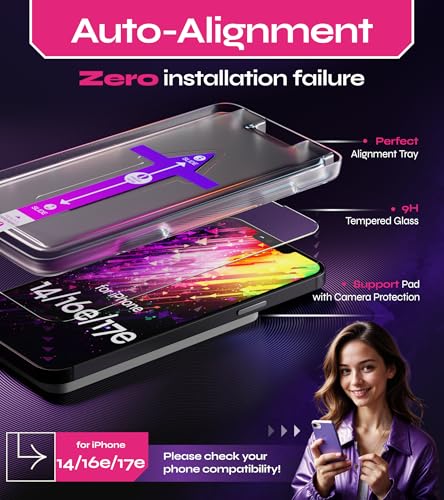 Image of Defenslim Screen Protector for iPhone 14 / 16e / 17e (2Pack), Easy Auto-Align Install Kit, 6.1 inch Tempered Glass, 9H Hardness, Ultra HD Clear, Case Friendly, EasyShield