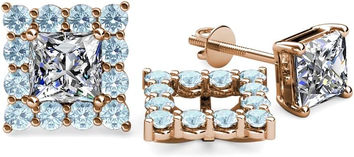 Aquamarine Halo Jackets for Princess Stud Earrings 0.80 ctw 14K Gold