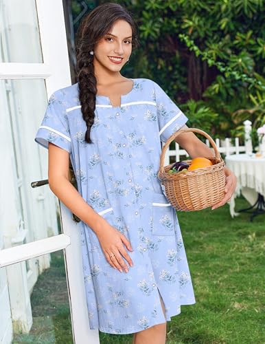 Image of Ekouaer Nightgowns for Women House Dress with Pockets Snap Front House Coat Short Sleeve Duster Moo Moos Sleepwear S-3XL