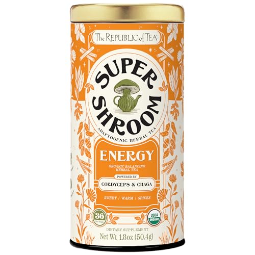 The Republic of Tea SuperShroom Energy Cordyceps and Chaga Herbal Tea, Organic Cinnamon, Ginger and Chicory Blend, Caffeine Free, Unbleached Tea Bags in Reusable Tin, 36 Count