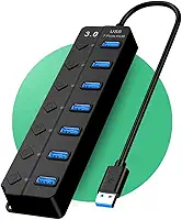 Hub USB 3.0 com 7 Portas Alta Velocidade | 5Gbps Botões Individuais com LED Compatível com PC Notebook TV Console Pendrive Impressora Mouse Teclado | Acabamento de Qualidade