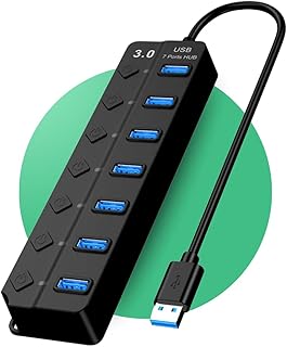 Hub USB 3.0 com 7 Portas Alta Velocidade | 5Gbps Botões Individuais com LED Compatível com PC Notebook TV Console Pendrive Impressora Mouse Teclado | Acabamento de Qualidade