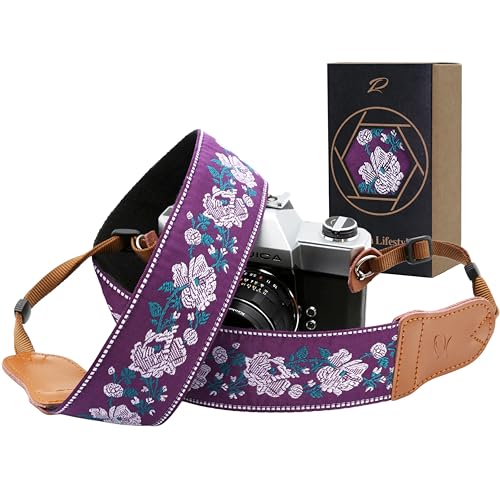 Padwa Lifestyle Purple Flowers Embroidered Camera Strap - Double Layer Cowhide Ends,2" Cotton Vintage Camera Straps, Adjustable Neck & Shoulder Strap for All DSLR Cameras,Great Gift for Photographers