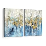 Blue Abstract Wall Art Canvas: 2 Piece Bedroom Living Room Modern Hand Painted Textured Painting Pic