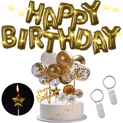 Happy Birthday Banner - Happy Birthday Balloon Letters in Gold 16â€ Foil, Happy Birthday Sign Acrylic, Happy Birthday Cake Toppers Decorations & 2 LED Fairy Light 1 Star Candle