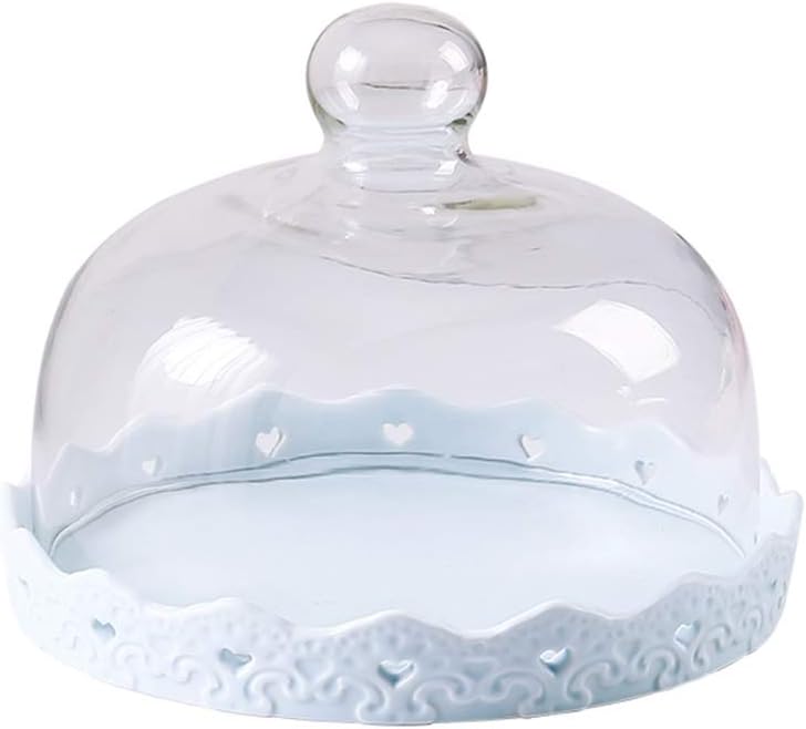 Cake Display Tray and Dome, Lace Hollow Ceramic Tray Transparent Glass Cover Salad Sushi Dust Dome Home Kitchen Fruit Dome Cake Stands(Pink,26.4cm)