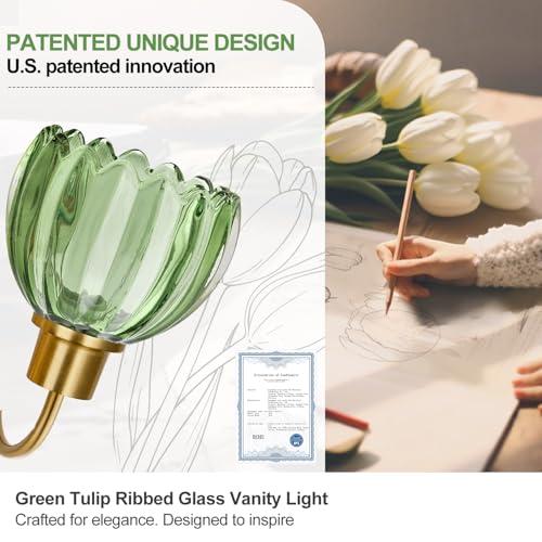 Image of Bathroom Light Fixtures (3-Light, 20 in), Brushed Gold Vanity Lights for Bathroom with Ribbed Green Tulip Glass Shade, Vintage Vanity Wall Lights for Mirror Bedroom Living Room Hallway