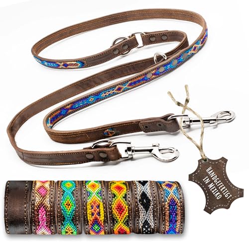 ALTEZAR Hundeleine Leder Breit Tribal Handgemacht in Mexiko für große Hunde Blau
