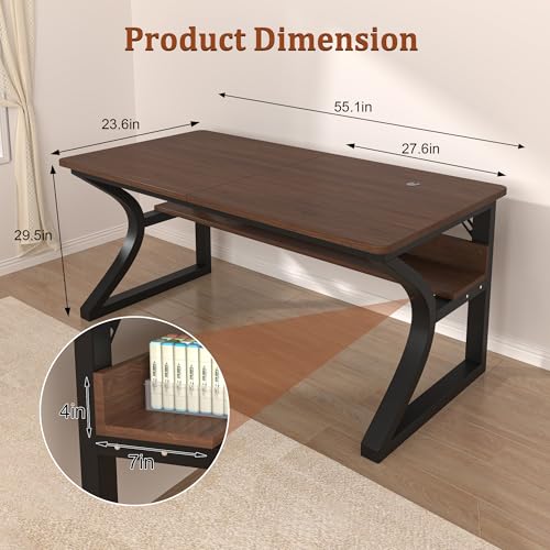 Image of 55 inch Computer Desk, Home Office Desk with Storage Shelf, Sturdy U-Shaped Metal Frame Study Table with Cable Management, Gaming Desk for Office & Bedroom (Deep Walnut, 55inch)