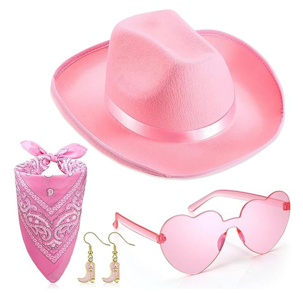WFKKMEQ Cowboy Hat for Women, 4PCS Cowgirl Hat Set with Bandana Sunglasses Earrings Wide Brim Cowboy Hats Western Cowgirl Costume Accessory Fancy Dress Cosplay Costume for Carnival Halloween (Pink)
