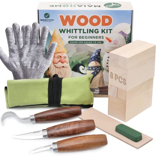 Whittling Kit for Beginners - Wood Carving Kit Set Includes 8-Basswood Blocks, 7-Piece Knife Set, Apron, Cut-Resistant Safety Gloves, Portable Roll Bag for Kids, Adults - Very Sharp, Easy to Carve