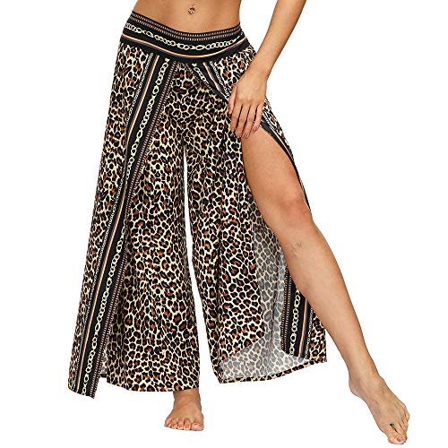 Nuofengkudu Damen Sommerhose Hippie Lange Hosen mit Schlitz Lockere Weites Bein Palazzo Bunt Flowy Yogahose Luftige Leic...