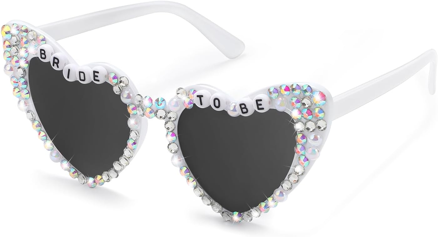 Etercycle Bride Sunglasses For Bachelorette, Heart Glasses Bride To Be Gifts, White Rhinestone Glasses For Bachelorette Party Favors