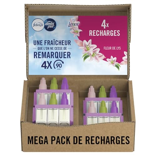 Febreze Désodorisant Électrique, Méga Pack de Recharges (4 Recharges de 20ml avec 3 Parfums en Alternance), Parfum Fleur de Lys, Combat les Odeurs en...