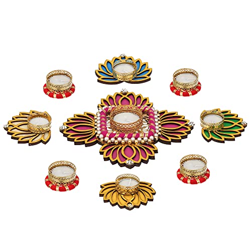 Image of Sanvatsar Home Decorative Lotus Rangoli & Lotus Diya Set | Corporate Gift, Diwali Gift, Diya for puja Home Decoration Light Diya, Christmas Candle, Lighting, New Year Candle Set of 9.