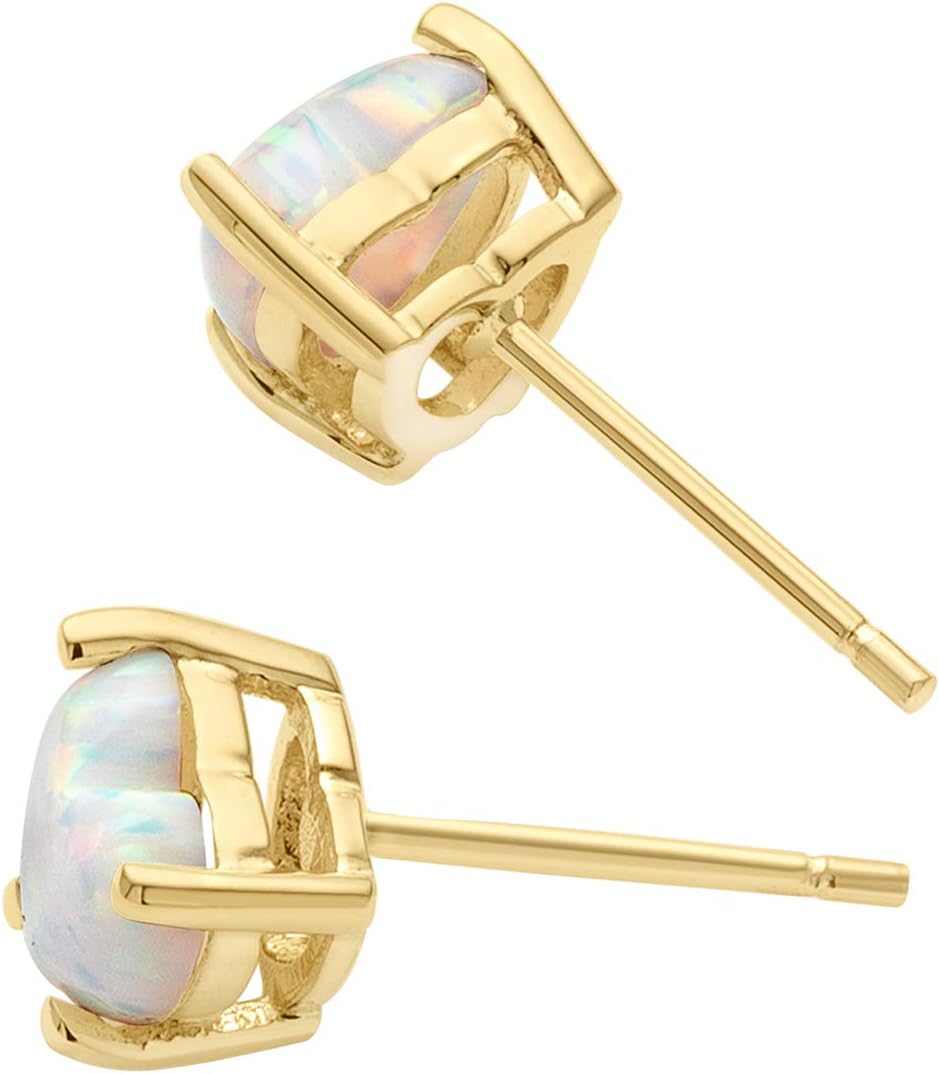 Peora 14K Yellow Gold Created White Fire Opal Heart Stud Earrings for Women, Hypoallergenic Solitaire Studs, 6mm, 1 Carat total, October Birthstone, Friction Back, Dainty, Iridescent Earrings,