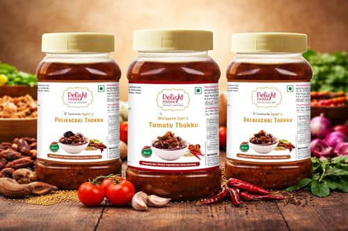 Image of Delight Foods Mylapore Iyer's Karnataka Special Combo 2.4kg (800g x 3) | Vathakozhambu, Tomato Thokku & Pulikachal Paste | Authentic Tamil Brahmin Style Pickle & Ready Rice Mix