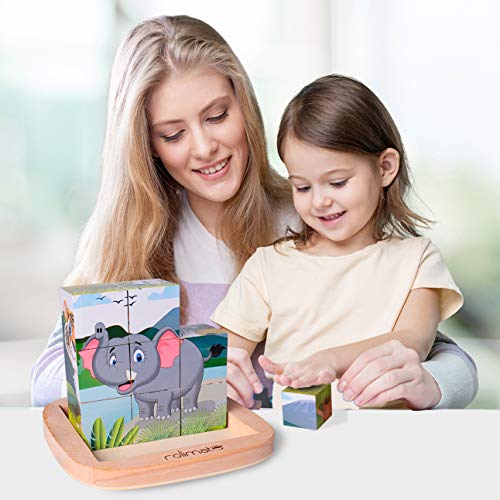Rolimate Bilderwürfel Holz, Holzpuzzle 3D Würfelpuzzle Puzzlespiele 6 in 1 Tier-Motive mit 9 Würfel Holzspielzeug für Kinder ab 2 3 4 Jahren, Montessori Vorschule Lernspielzeug, 16 x 16cm, bunt - Image 3