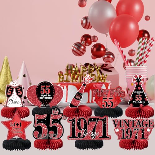 Image of 9Pcs 55th Birthday Decorations Red and Black 55th Birthday Party Decorations for Women,Happy 55 Years Vintage 1971 Aged Honeycomb Centerpieces Table Sign Decor Supplies