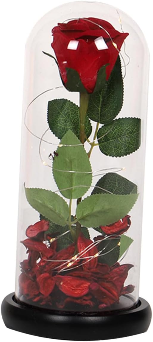MAGICLULU Glass Cover LED Light Rose Lamp Valentine's Day Present Elegant Desktop Ornament for Home Decor Base Battery Not Included