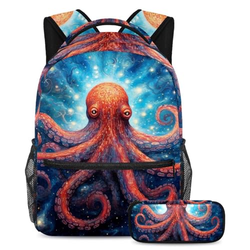 Sac à dos artistique pieuvre étoilée avec trousse pour l'école et le voyage des étudiants