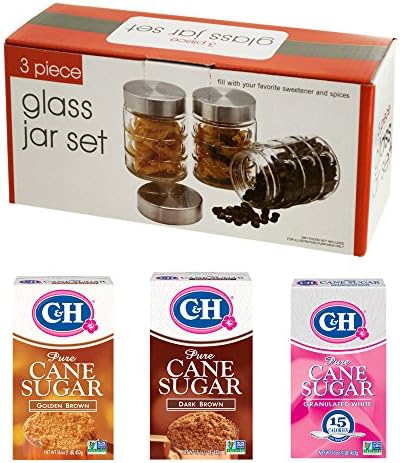 C & H Pure Cane Sugar Storage Kit - 3 Modern Air-Tight Clear Glass Jars + Dark Brown, Golden Brown, and Granulated White Sugar 1 LB Each