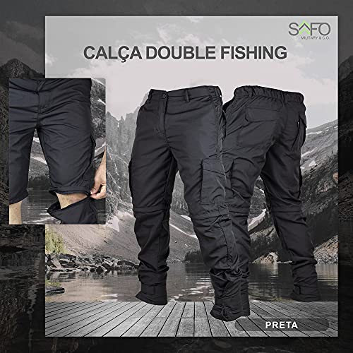Calça Bermuda 6 Bolsos Poly Cós Elástico Regulagem Perna Tamanho:42;Cor:Preto