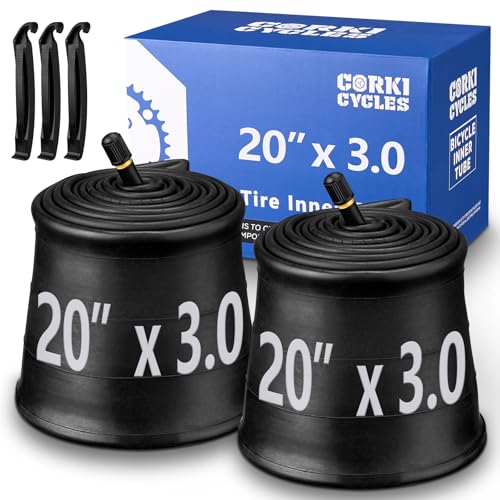 Corki Cycles 20x3 Bike Tube Fat Bike Tire Inner Tube 20 x 3 with 32mm Schrader Valve Heavy Duty Butyl Rubber for E-Bikes BMX Folding Bicycles - 2 Pack