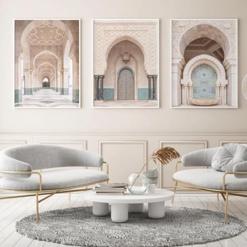 Póster de lienzo con arquitectura islámica, impresión artística de mezquita, Ramadán, arte musulmán, arte de pared para dormitorio, decoración del hogar (50 x 70 cm, 3 unidades, sin marco)