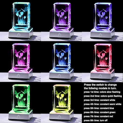 Image of Ornalrist Tulip Gifts for Women: Crystal Engraved Tulip with Light Base for Mom, Lady, Girl, Friend, Home Office Decor