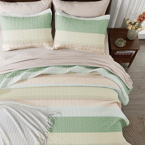 Image of Andency King Size Quilt Set Mint Pink, 3 Pieces Summer Ultra Soft Lightweight Bedspreads & Coverlets Set, Patchwork Striped Quilted Bedding Sets for All Seasons (1 Quilt, 2 Pillow Shams)