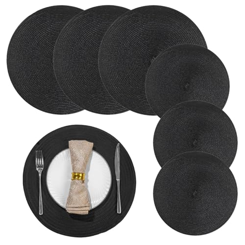 3 Set Black Placemats and Coaster Sets, Round Placemats, Table Mats and Coasters, Washable Heat Resistant for Dining Table for Indoor Outdoor Home Party Wedding