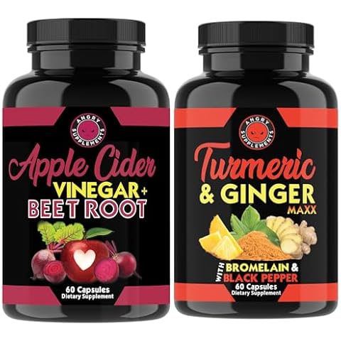 Angry Supplements Apple Cider Vinegar + Beet Root Powder 60ct Capsules & Turmeric Ginger Maxx 60ct Capsules, Joint Support Digestive Health for Men and Women, Combo Pack (120ct Total) Cover