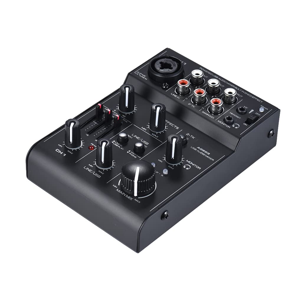 AGE03 5-Kanal Mini Mic-Line Mischpult USB Audio Interface Mixer mit eingebautem Echo-Effekt USB Verstärktes DJ Netzwerk für Aufnahme Live Streaming Karaoke