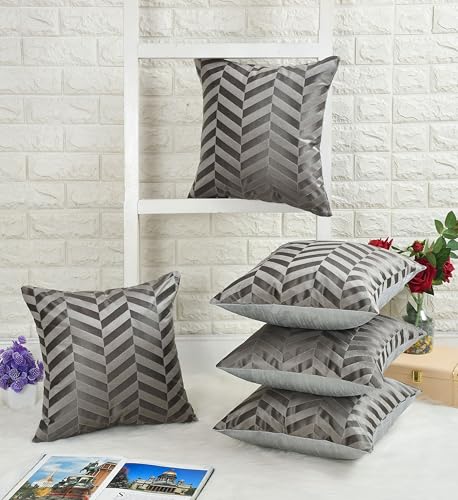 Image of TEXIVA Premium Velvet Cushion Covers Set of 5, 16x16 Inch Sofa Cushion Covers with Hidden Zipper, Modern Chevron Pattern - Grey