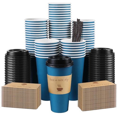 Clawsoff 50 Pack 20 oz Paper Coffee Cups with Lids Disposable to Go Coffee Cups with Sleeves and Stirring Sticks for Hot/Cold Drinks Office Home Shop Event (Navy)