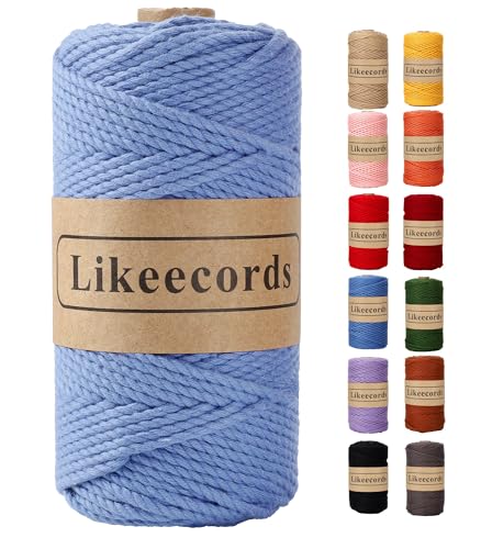Likeecords Cotton Macrame Cord 3mm x 100m, 3 Strand Twisted, Macrame Rope, Macrame String Cotton Yarn, Macrame Yarn Craft Cord for DIY Crafts Knitting Plant Hangers Christmas Wedding Décor (Denim)