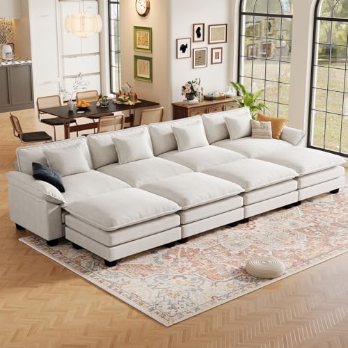 CDCASA 154" Modular Sectional Sofa, Comfy Cloud Couch with 4 Movable Ottomans, Oversized 8-Seater Velvet Deep Seat Sofa Bed for Living Room,Bedroom, Beige