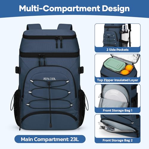 Image of RealCool 33 Can Insulated Soft Cooler Backpack, Leakproof Lunch Ice Bag | PEVA liner,16-Hour cold,Multi-Compartment, Breathable Shoulder and Back,Perfect for men,women,camping /beach /picnic /travel
