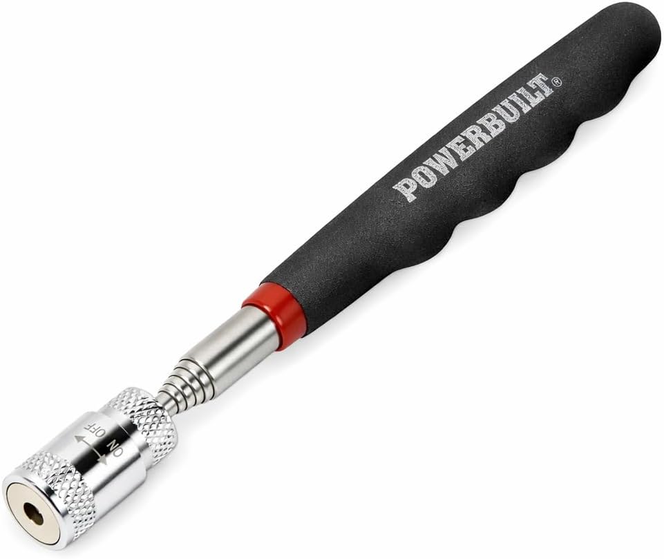 Powerbuilt 8 lb LED Lighted Telescoping Magnetic Pick-Up Tool, Extends to 25 Inches, Shielded Magnet, Soft-Grip Handle – 940606
