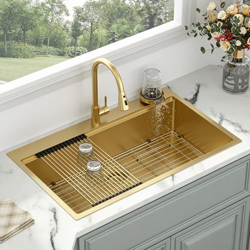 Image of Kichae 36 Inch Gold Drop in Kitchen Sink - 36x22 Gold Brushed Stainless Steel 16 Gauge Ledge Workstation Single Bowl Topmount Overmount Handmade Basin with Faucet & Glass Rinser