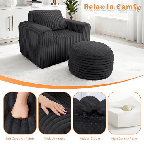 HABUTWAY Bean Bag Chair for Adults with Pillow, Giant Bean Bag Chairs with Ottoman, Comfy Dorm Chair with High Backrest & Wider Armrest, Lounger Chair Indoor for Bedroom Living Room(Black) — view 4
